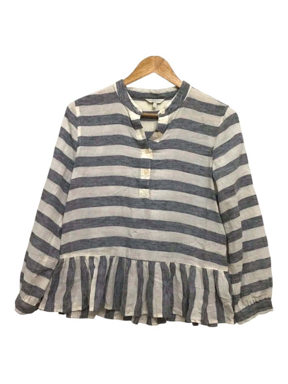LUCKY Brand striped white blue jeans frills buttom blouse small boho lagenlook